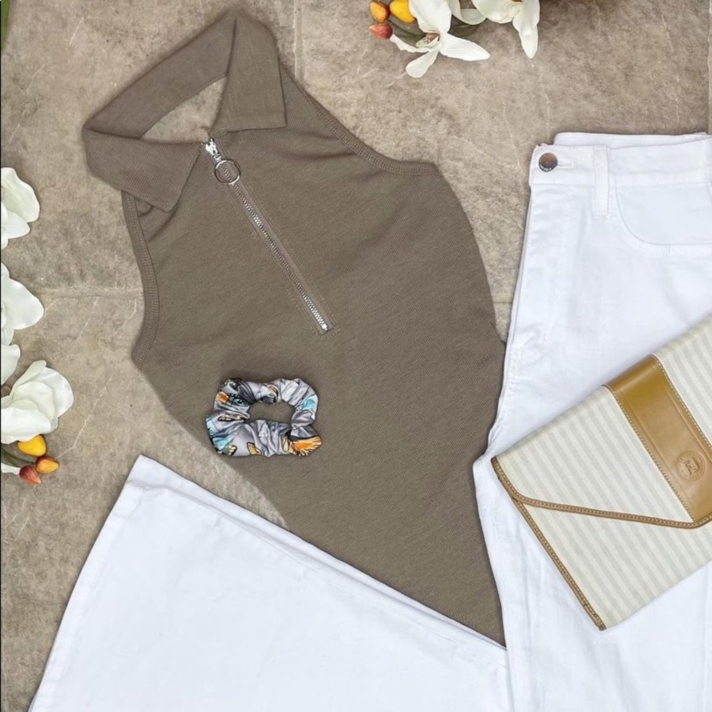 Mocha Brown Collared Zip O Ring Halter Top Bodysuit - Picture 4 of 5